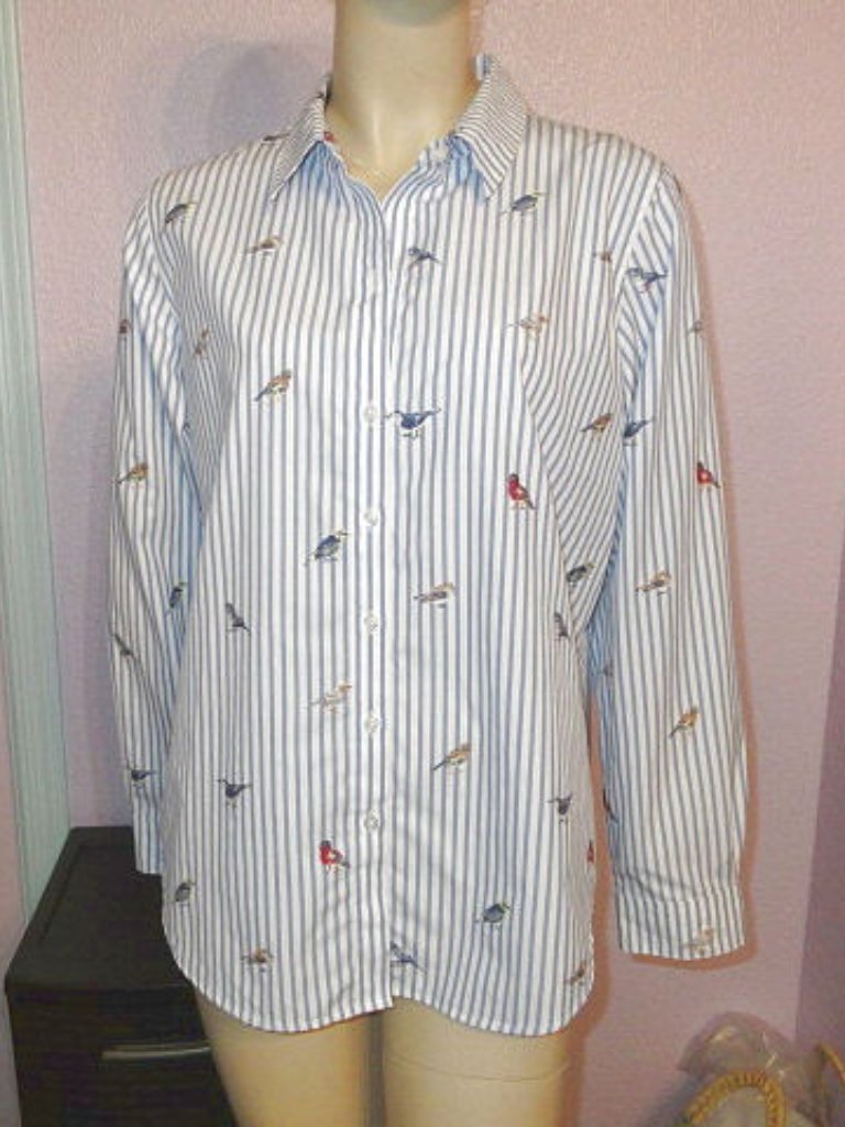 Coldwater Creek Embroidered Birds Blouse Top 12 L Cotton Button Up Shirt Tunic